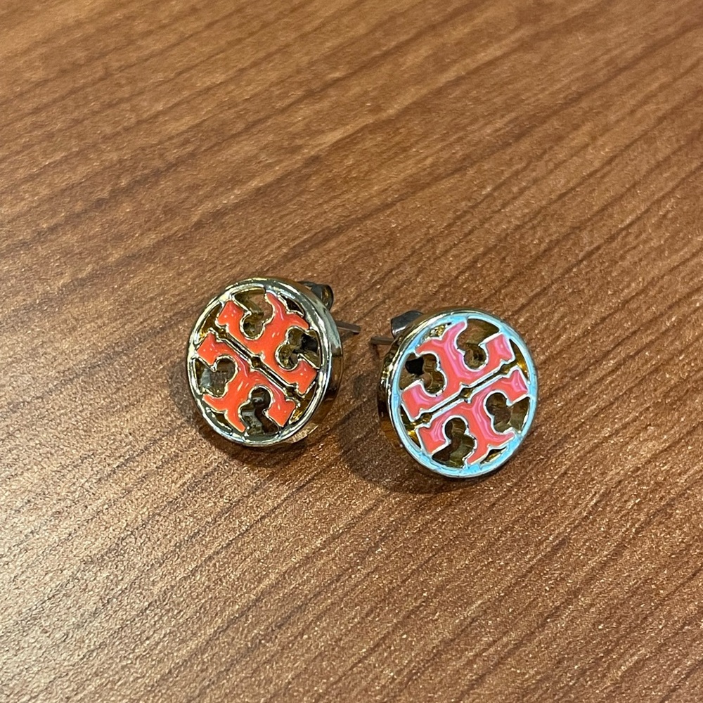 Tory Burch Red and Pink Logo Earrings